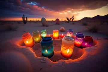 Foto auf Acrylglas Bordeaux Mesmerizing Display of Colorful Candle Lighting in Sandy Desert for Spiritual and Mystical Concept in Travel and Adventure. Generative AI