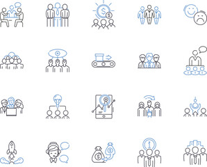 Business organization outline icons collection. Organization, Business, Management, Planning, Strategy, Team, Cooperation vector and illustration concept set. Cooperation, Structure, Goal linear signs