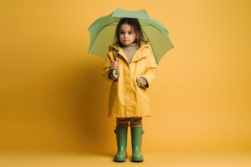 Rainy Day Adventures. Smiling child in yellow raincoat and boots isolated on yellow background with copy space. Childhood concept AI Generative