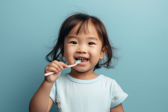 Healthy Habits Start Young: Kid brushing teeth isolated on pastel blue background with space for text. Copy space. Children's health concept - AI Generative