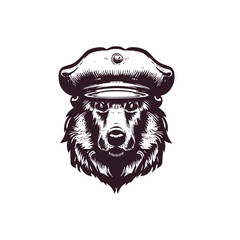 Vintage logo of a German shepherd wearing a beret. an old-school logo of a dog wearing a military hat. Aesthetic retro logo of an army canine isolated on white background. vector logo.