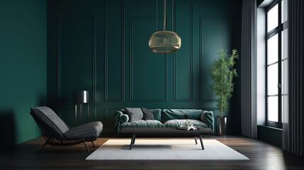 A modern living room in a minimalist millenium crib, high ceiling and filled with This midnight green