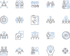 Management worshop outline icons collection. Management, Workshop, Training, School, Seminar, Course, Leadership vector and illustration concept set. Strategy, Coaching, Productivity linear signs