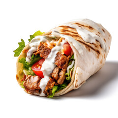  Mediterranean Flavor. Flavorful kebab wrap with white sauce on a white background. Copy space. Cuisine concept AI Generative