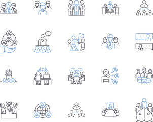 Teambuilding basics outline icons collection. Teamwork, communication, collaboration, trust, respect, leadership, negotiation vector and illustration concept set. planning, delegation, problem-solving