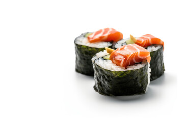 Sushi Delight. Close-up shot of fresh sushi on a white background with copy space. Japanese cuisine concept AI Generative