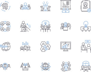 Meeting and collaboration outline icons collection. Coordinating, Collaborating, Connecting, Convening, Discussing, Networking, Assembling vector and illustration concept set. Communicating, Combining