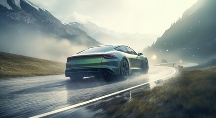 Electric vehicle on a windy road in drizzling day with nature environment background.