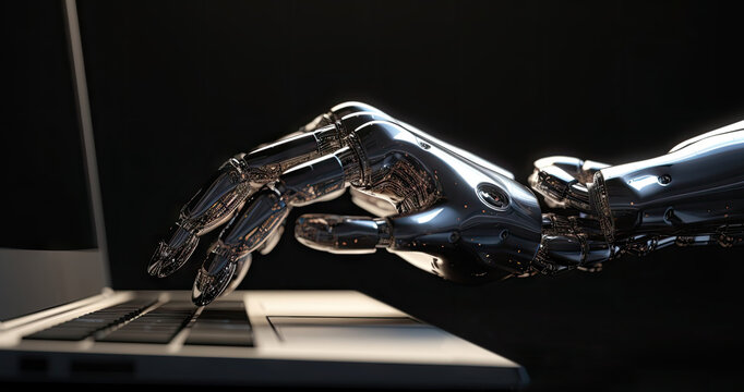 One arm of an artificial intelligence hand typing on a laptop computer against dark background