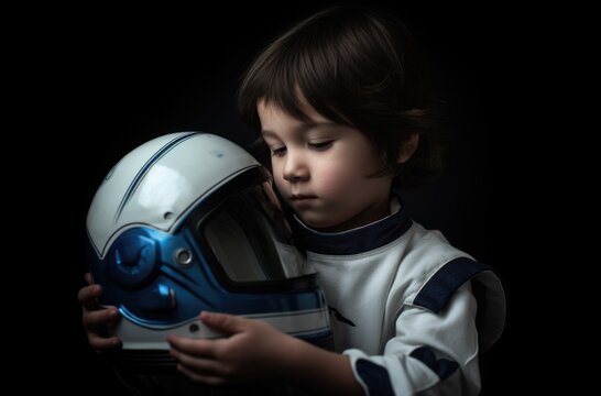 Little child holding an astronaut's helmet in a dark room seeting