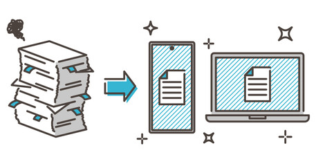 Data conversion of a pile of office documents with a smartphone and PC [Vector illustration material].
