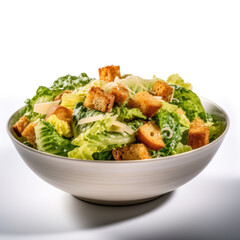 Fresh and Healthy greek cuisine. Close-up shot of Caesar salad on white background. Copy space. Food concept AI Generative