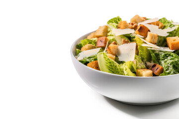 Fresh and Healthy greek cuisine. Close-up shot of Caesar salad on white background. Copy space. Food concept AI Generative