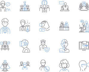 Fototapeta premium Office occupation outline icons collection. Clerk, Receptionist, Manager, Typist, Administrator, Accountant, Analyst vector and illustration concept set. Supervisor, Consultant, Secretary linear signs