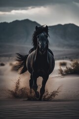 Fototapeta na wymiar black horse gallops running sand obsidian top rated dustin car, generative ai