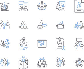 Management coworkers outline icons collection. Cooperation, Collaboration, Teamwork, Relationships, Motivation, Communication, Efficiency vector and illustration concept set. Productivity, Respect