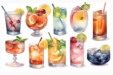 Watercolor illustration of drinks and cocktails collection on white background. Generative AI
