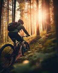mountain bike rider forest wide angle man riding woods trail seamless wood texture deep shadows young female ascending life mountains outdoors, generative ai - obrazy, fototapety, plakaty