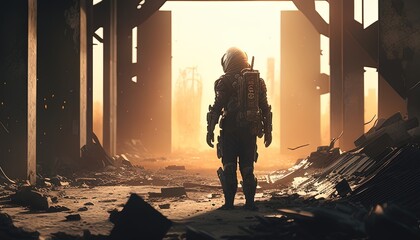 Fototapeta premium figure dressed in a chemical suit, digital art illustration, Generative AI
