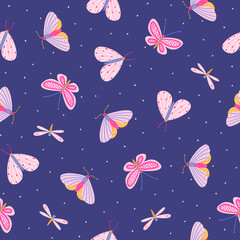 seamless pattern with colorful butterflies, moths and dragonflies on blue background