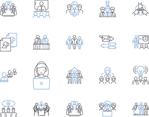 Management meeting outline icons collection. Management, Meeting, Agenda, Team, Review, Motivate, Assign vector and illustration concept set. Discuss, Organize, Plan linear signs