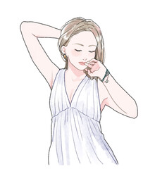 Illustration of a woman brushing her hair, upper body.