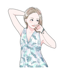 Illustration of a woman brushing her hair, upper body.