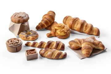various fresh bread and pastry products on a clean white background. Generative AI