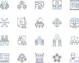 Meeting and collaboration outline icons collection. Coordinating, Collaborating, Connecting, Convening, Discussing, Networking, Assembling vector and illustration concept set. Communicating, Combining