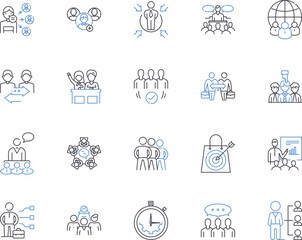 Management colleguages outline icons collection. Management, Colleges, Education, Institutions, Learning, Degrees, Programmes vector and illustration concept set. Courses, Majors, Skills linear signs