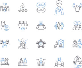 Staff and planning outline icons collection. Staffing, Planning, Organizing, Scheduling, Hiring, Assigning, Forecasting vector and illustration concept set. Allocating, Recruiting, Designing linear