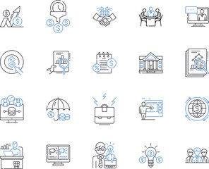 Accounting and finance outline icons collection. Accounting, Finance, Bookkeeping, Auditing, Taxation, Budgeting, CPA vector and illustration concept set. GAAP, Assets, Liabilities linear signs