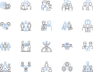 Team building outline icons collection. Teamwork, Collaboration, Communication, Bonding, Trust, Confidence, Creativity vector and illustration concept set. Goal-setting, Problem-solving, Networking