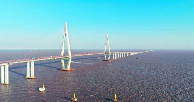 Aerial view of Hangzhou Bay Bridge scenery in Jiaxing, Zhejiang Province, China. The total length of the bridge is 36 kilometers. The design speed is 100 kilometers per hour. 