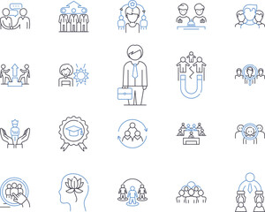 Talent acquisition outline icons collection. Recruiting, Hiring, Staffing, Sourcing, Screening, Attracting, Job-Seeking vector and illustration concept set. Interviewing, Onboarding, Engaging linear
