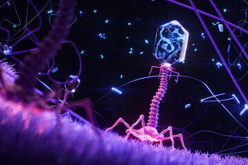 Bacteriophage or phage virus that infects a bacterium. Concept of microbiology and virology. Microworld. 3d rendering