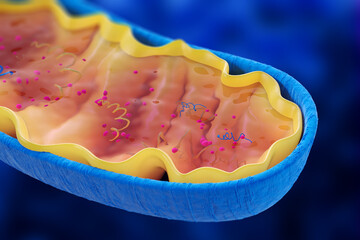 Close up cross section view of a mitochondria on a blue background. 3d rendering - obrazy, fototapety, plakaty