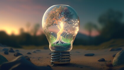 lightbulb growing tree, digital art illustration, Generative AI