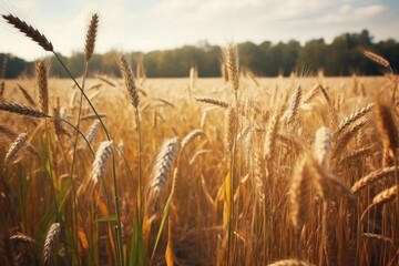 serene countryside landscape with a golden wheat field and tall trees. Generative AI