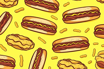 delicious hot dog feast on a bright yellow background. Generative AI
