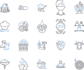 Farming factory outline icons collection. Farming, Factory, Agriculture, Crop, Cultivation, Grower, Harvester vector and illustration concept set. Tractor, Sowing, Plowing linear signs