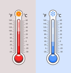 Vector illustration of Celsius and Fahrenheit meteorology thermometers measuring heat and cold