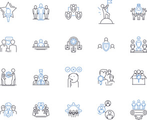 Collaborators outline icons collection. Partners, Teammates, Colleagues, Allies, Associates, Contributors, Aides vector and illustration concept set. Workers, Helpers, Unitees linear signs