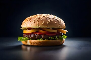 hamburger on black background, Generative AI