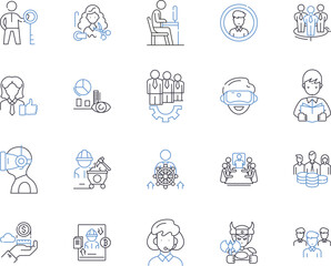 Office job outline icons collection. Office, Job, Administrative, Clerk, Manager, Secretary, Assistant vector and illustration concept set. Human, Resources, Analyst linear signs