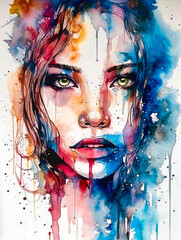 A beautiful young woman face portrait with makeup fashion abstract watercolor art illustration.