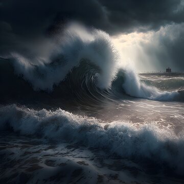 Beauty of the ocean as waves roll and crash onto the shore. The sun bleakly breaks through the dark and menacing clouds, creating a dramatic and moody atmosphere