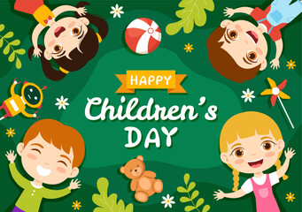 Happy Children Day Vector Illustration with Boy and Girl Kids in Toys on Background Flat Cartoon Hand Drawn for Web Banner or Landing Page Templates