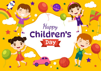 Fototapeta na wymiar Happy Children Day Vector Illustration with Boy and Girl Kids in Toys on Background Flat Cartoon Hand Drawn for Web Banner or Landing Page Templates