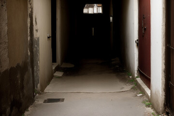 Obraz premium dead-end alley with a heavy iron door at the end, as if it were an abandoned prison. Generative AI